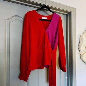Bailey 44 Red & Fuchsia Colorblock Wrap Blouse Tie Waist Long Sleeve Top